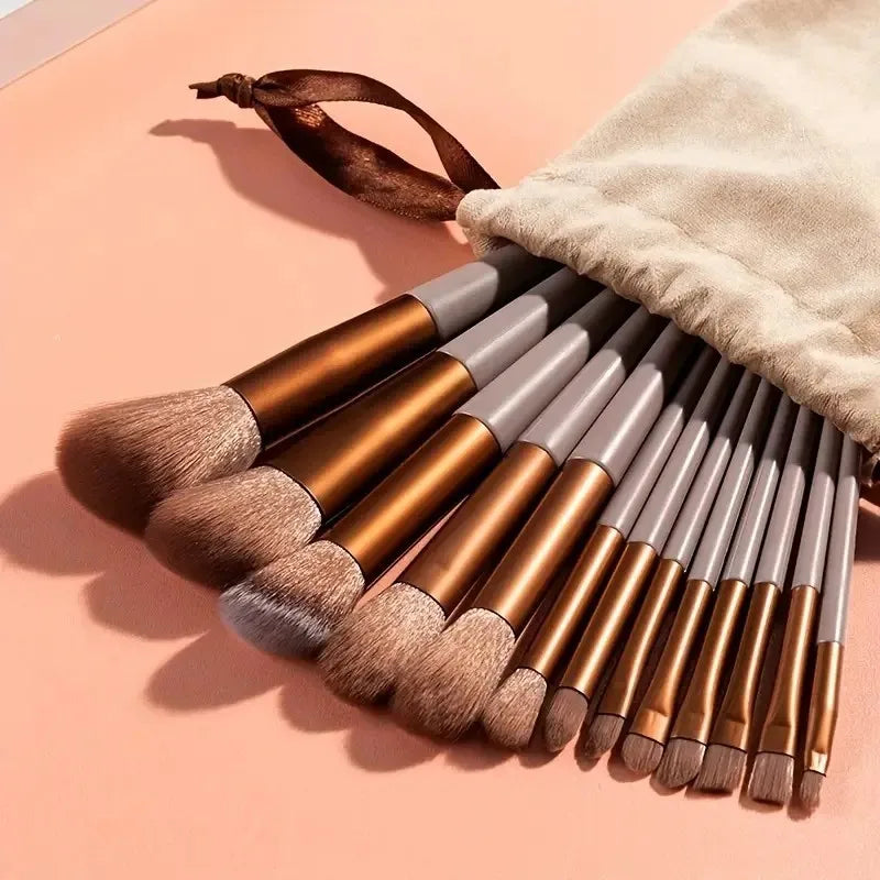 18-Piece Professional Makeup Kit - Complete Collection with 13 Brown Brushes, 4 Triangle Puffs, Teardrop Sponge & Unique Toothbr
