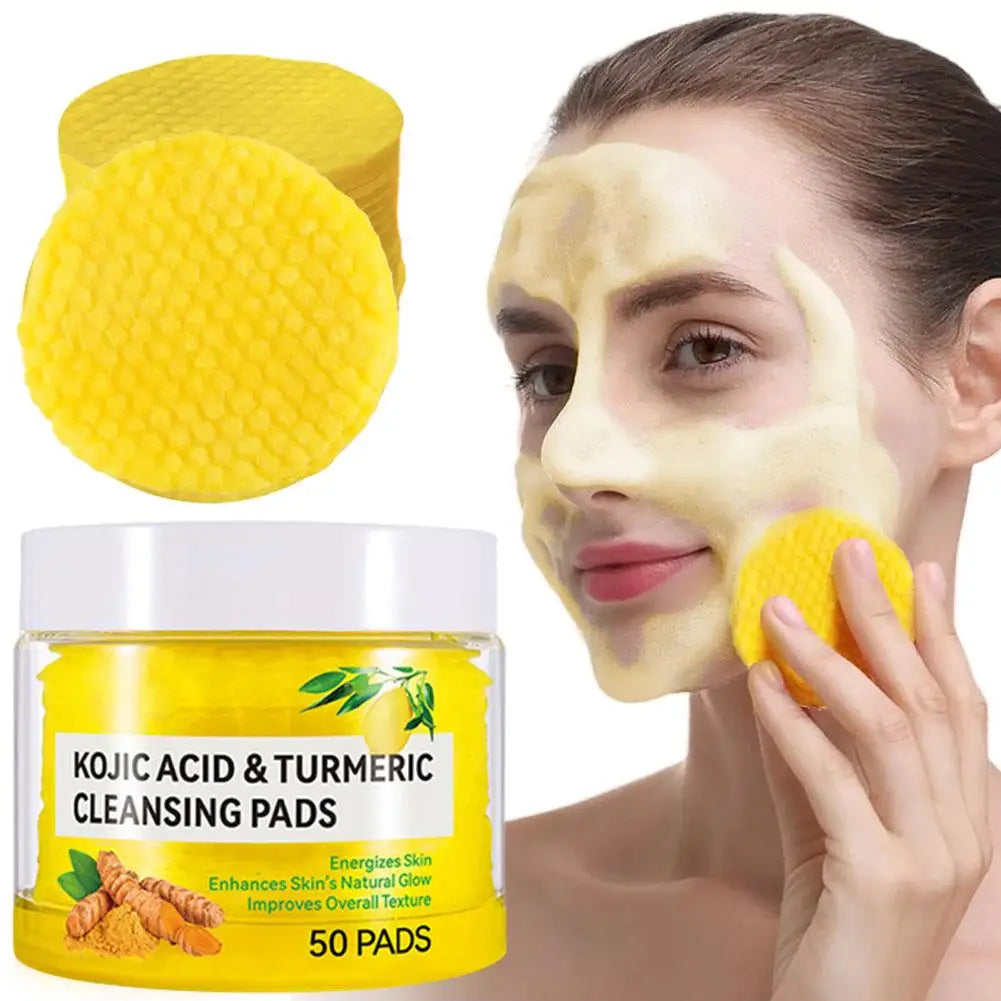 Turmeric Lemon Soap cleansing pad Face Cream Serum Turmeric Serie skin tone with cleansing pads on a woman&