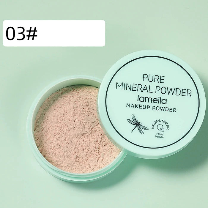 3 color facial loose powder waterproof oil control honey powder in a mint green container by Lameila.