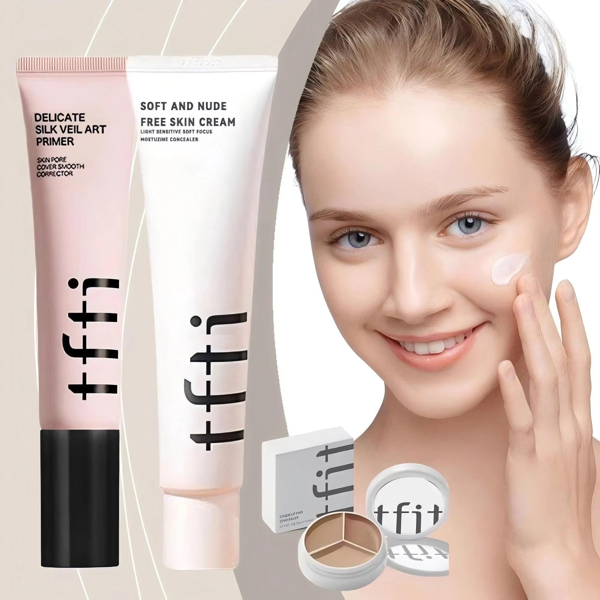 TFIT facial makeup kit featuring Delicate Silk Vel Art Primer and Soft and Nude Free Skin Cream with model applying product.