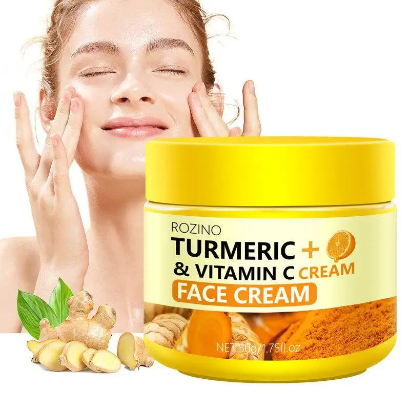 Turmeric Lemon Soap cleansing pad Face Cream Serum Turmeric Serie skin tone - ROZINO turmeric and vitamin C face cream with model.