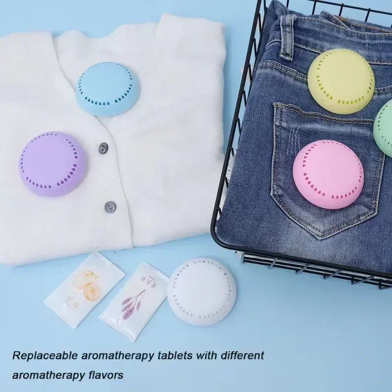 home fragrance solid air freshener featuring replaceable aromatherapy tablets in various colors and flavors on a white shirt and jeans.