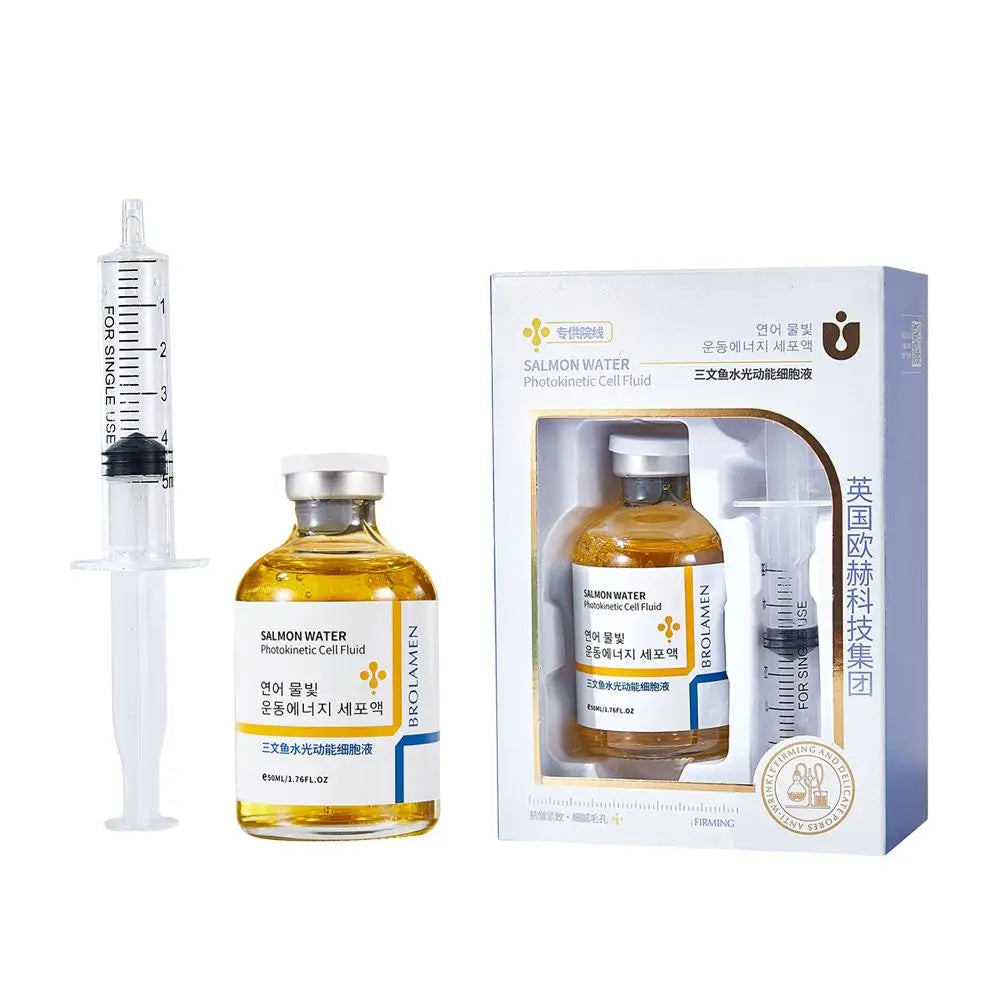 Skin Rejuvenation Essence Korean Salmon Serum in a bottle with a syringe and packaging for anti-aging skin care.