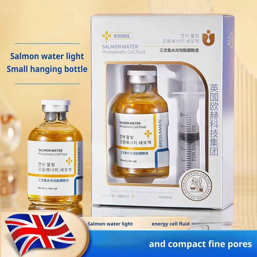 Skin Rejuvenation Essence Korean Salmon Serum in a small hanging bottle with energizing cell fluid.