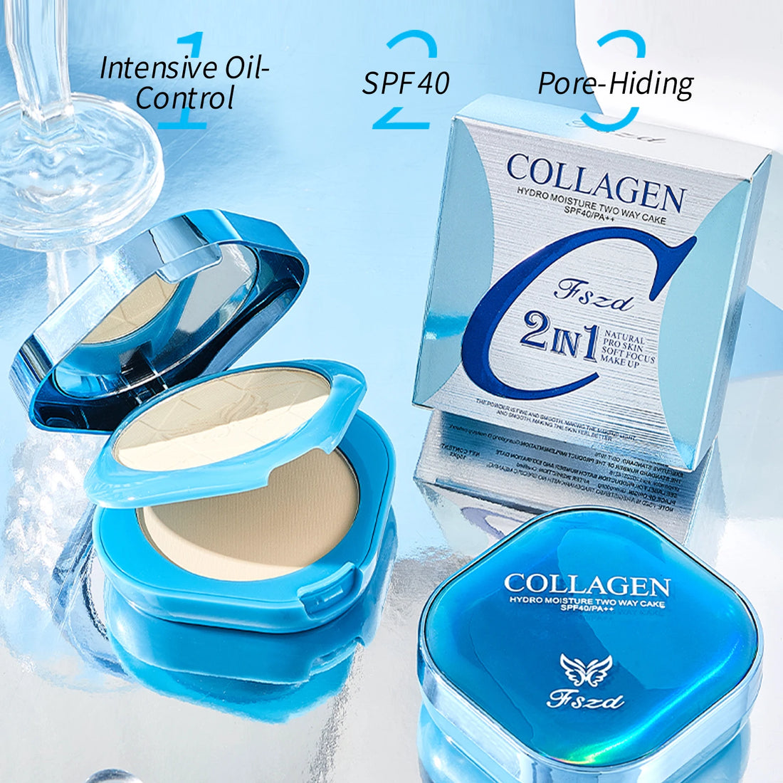 Collagen SPF40 Pore-Hiding Two Way Cake with Intensive Oil Control in blue compact.