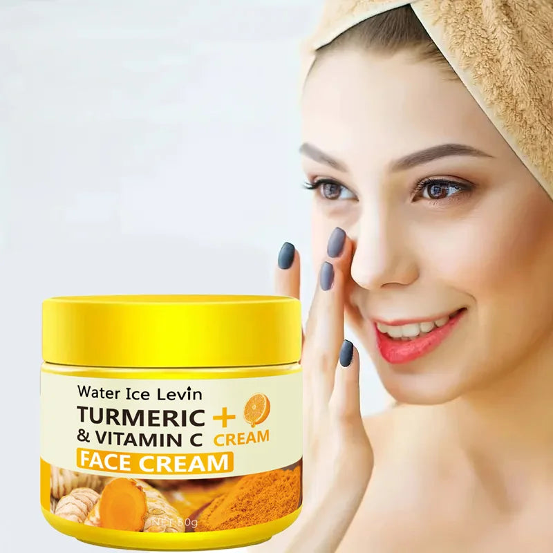 Turmeric Vitamin C Anti Aging Cream Moisturizing displayed on a woman applying it to her face.