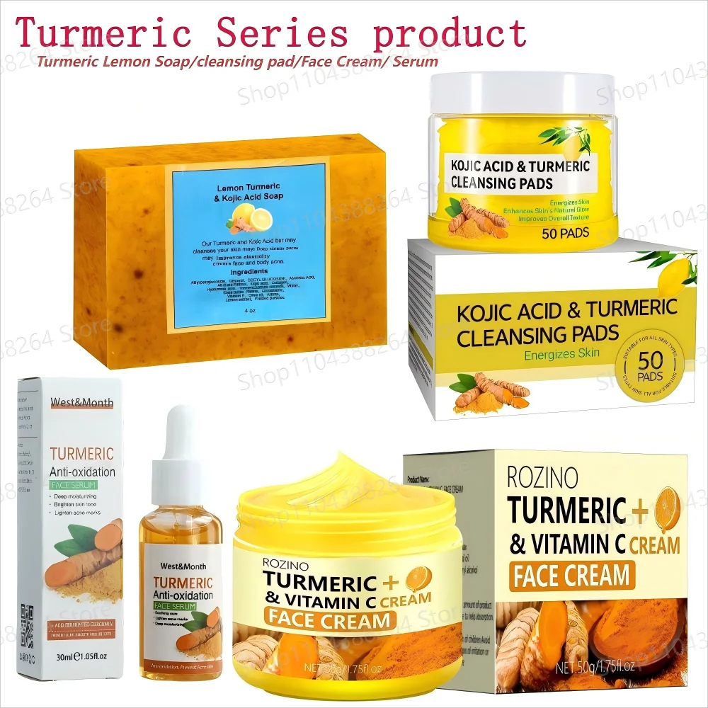 Turmeric Lemon Soap cleansing pad Face Cream Serum Turmeric Serie skin tone with various turmeric skincare products.