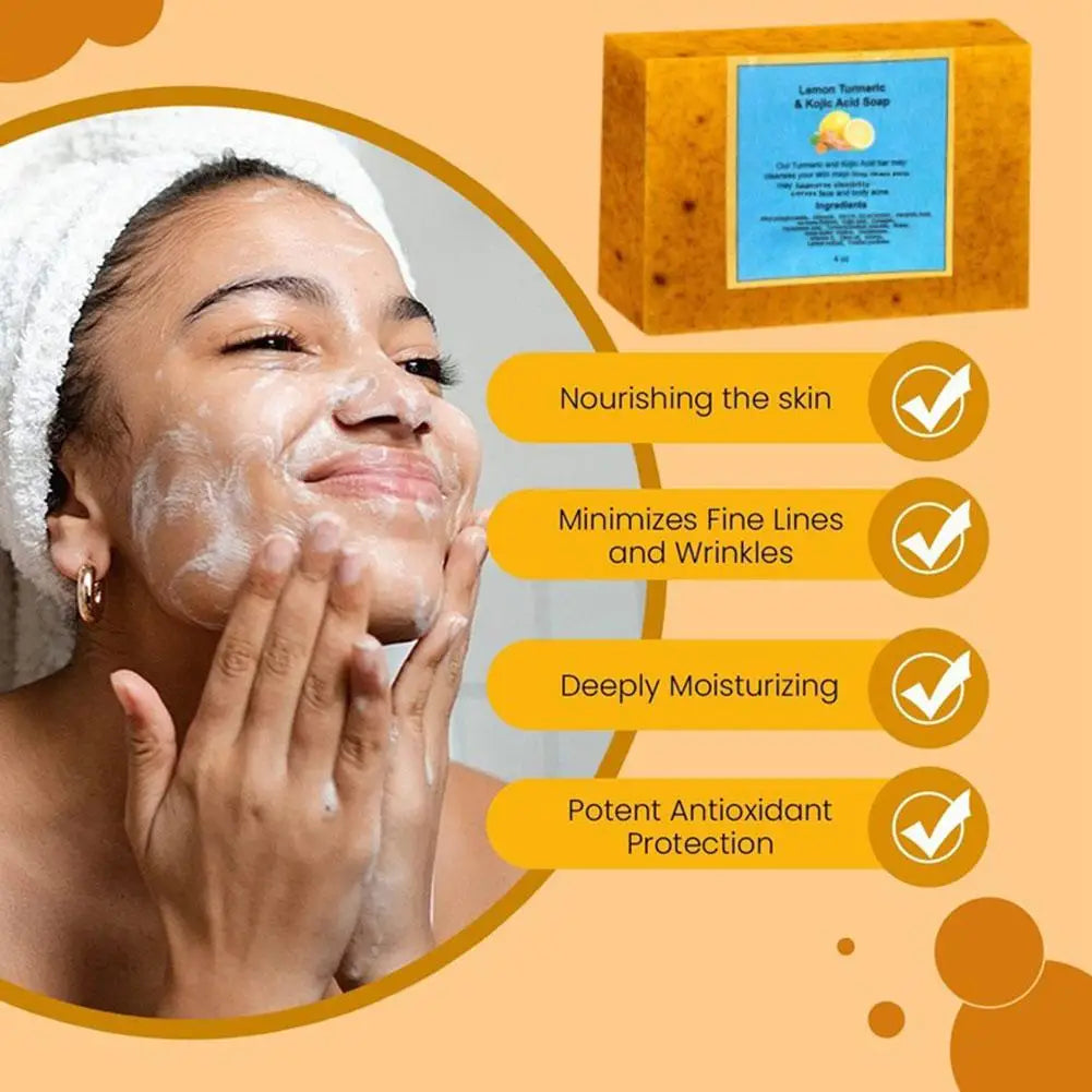 Turmeric Lemon Soap cleansing pad Face Cream Serum Turmeric Serie skin tone with a woman enjoying the product and its benefits.