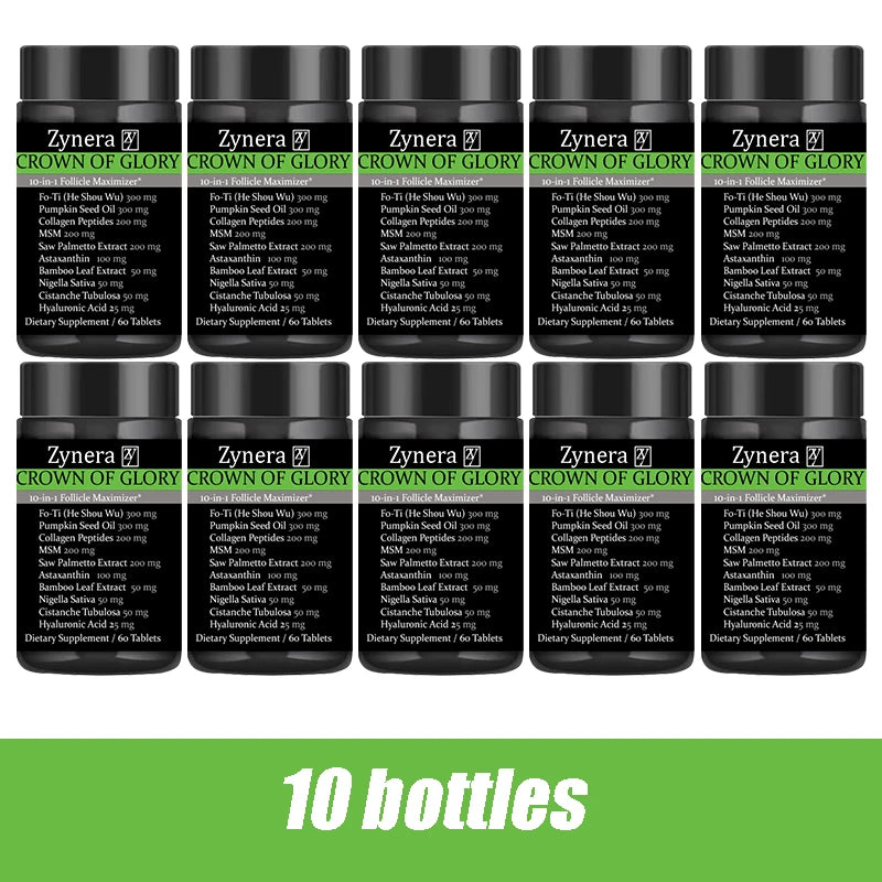 Zynera Crown of Glory dietary supplement featuring 10 bottles for healthy skin and immune support.