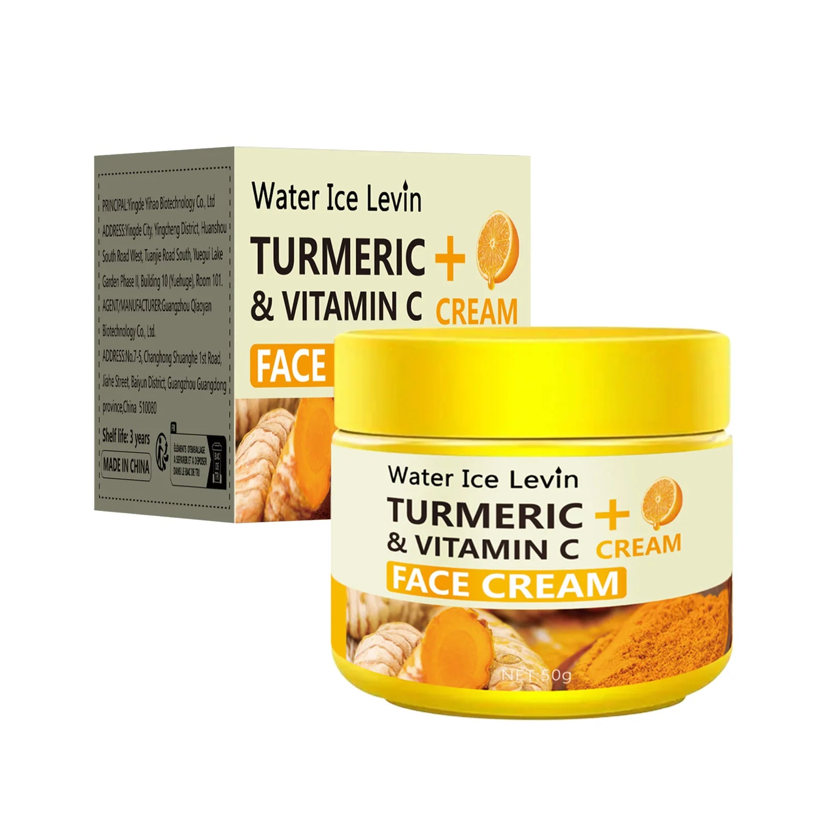 Turmeric Vitamin C Anti Aging Cream Moisturizing by Water Ice Levin with a yellow jar and box packaging.