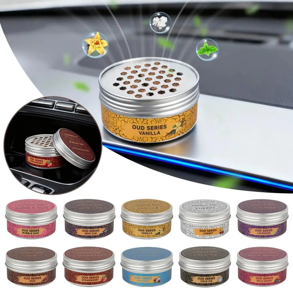 high-end car air freshener featuring Oud Series Vanilla product with various scent options displayed