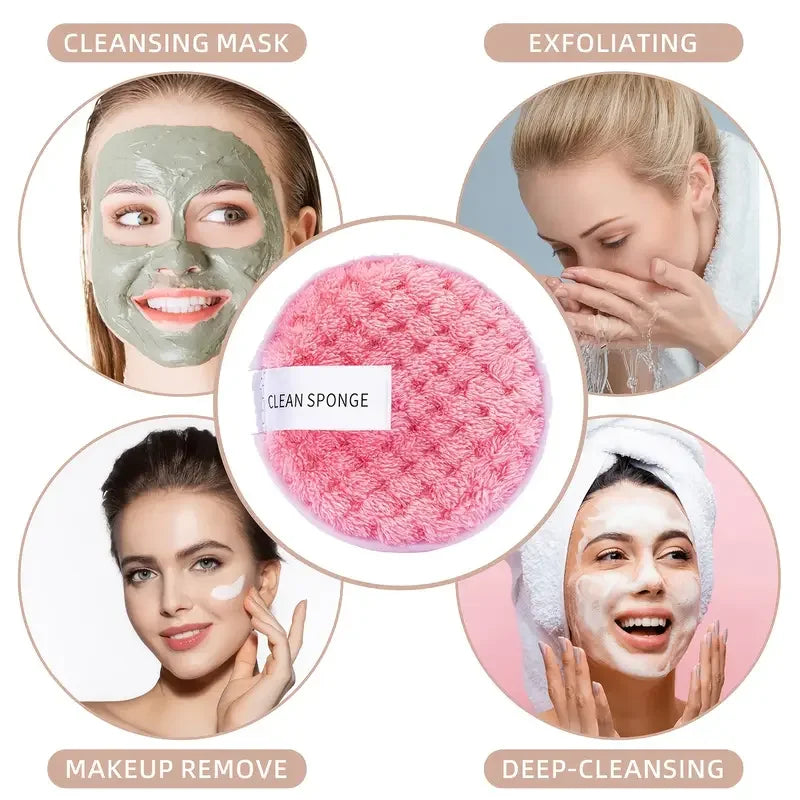 Collage of women using a cleansing mask, exfoliating, removing makeup, and deep-cleansing with a clean pink sponge.