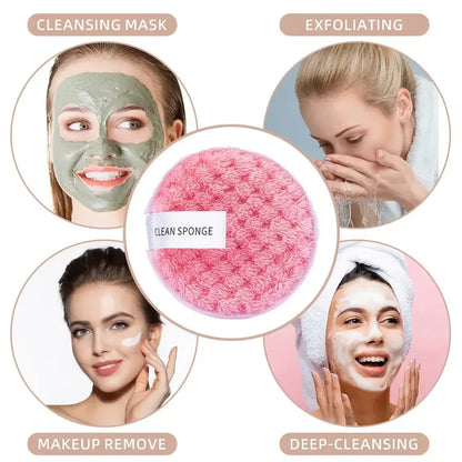 Collage of women using a cleansing mask, exfoliating, removing makeup, and deep-cleansing with a clean pink sponge.