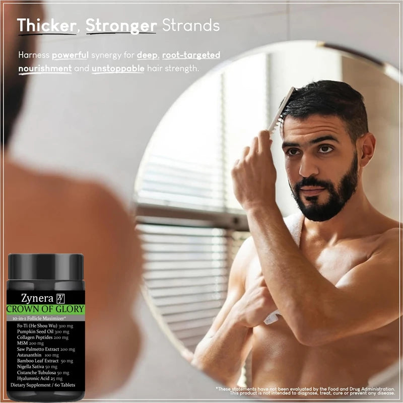 Balancer biotin supplement supports healthy skin immune with a man grooming his hair in front of a mirror.