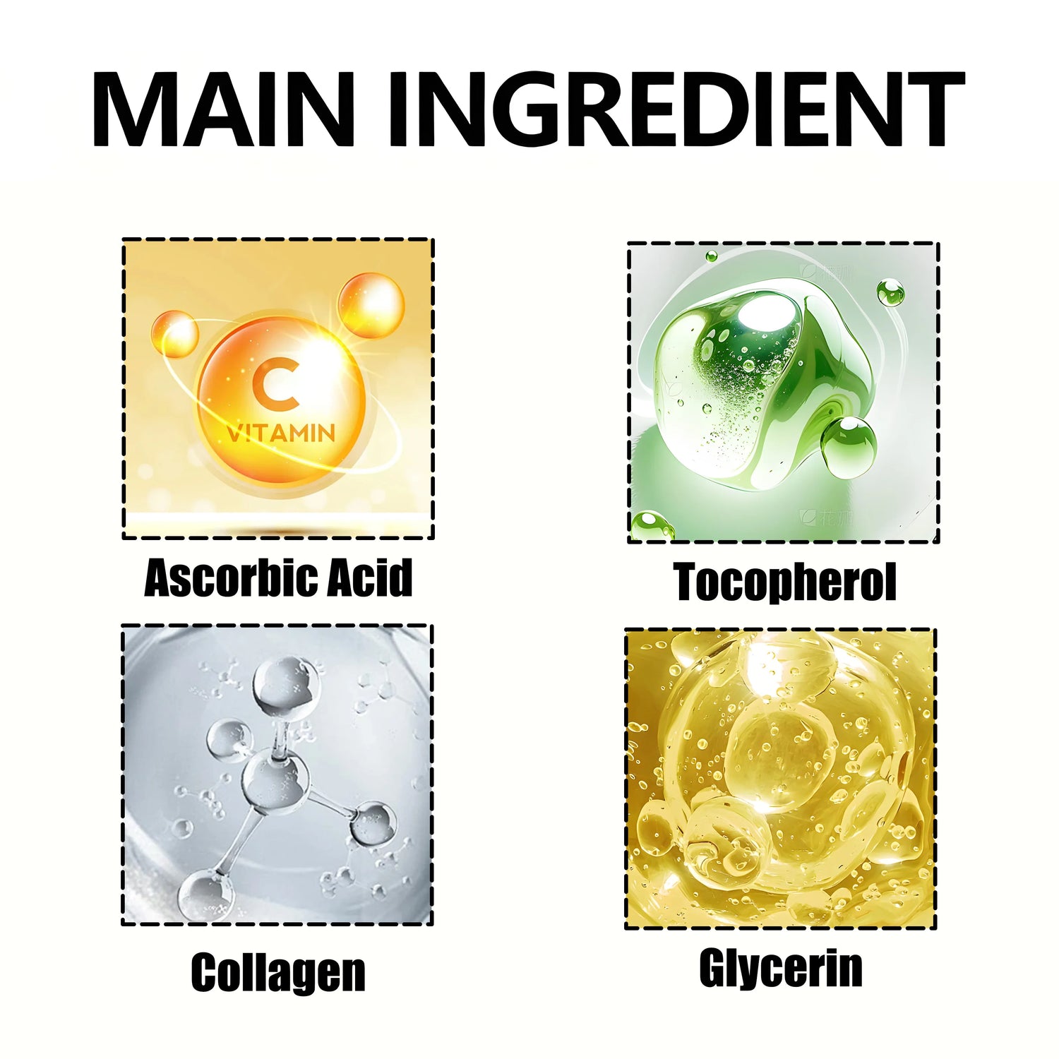 Main ingredients of Turmeric Vitamin C Anti Aging Cream Moisturizing: Ascorbic Acid, Tocopherol, Collagen, Glycerin.