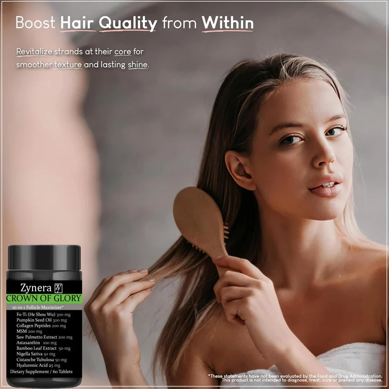 Balancer biotin supplement supports healthy skin immune with woman brushing hair and product displayed.