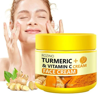 Turmeric Lemon Soap cleansing pad Face Cream Serum Turmeric Serie skin tone - ROZINO turmeric and vitamin C face cream with model.