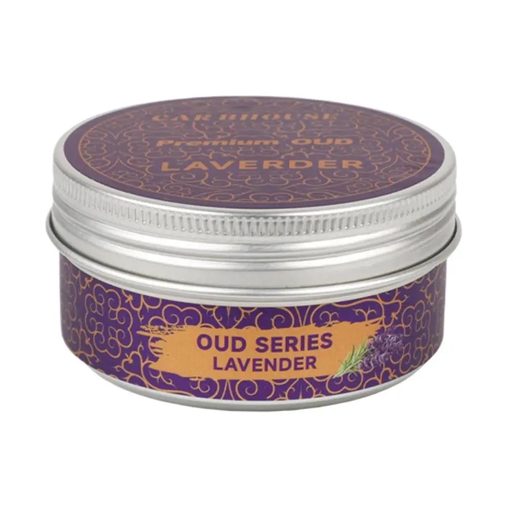 high-end car air freshener in a purple tin labeled Premium Oud Lavender from Oud Series.