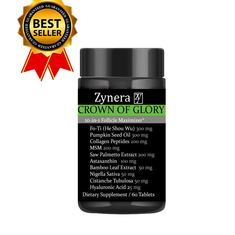 Zynera Crown of Glory 10-in-1 Follicle Maximizer dietary supplement with best seller badge on bottle.