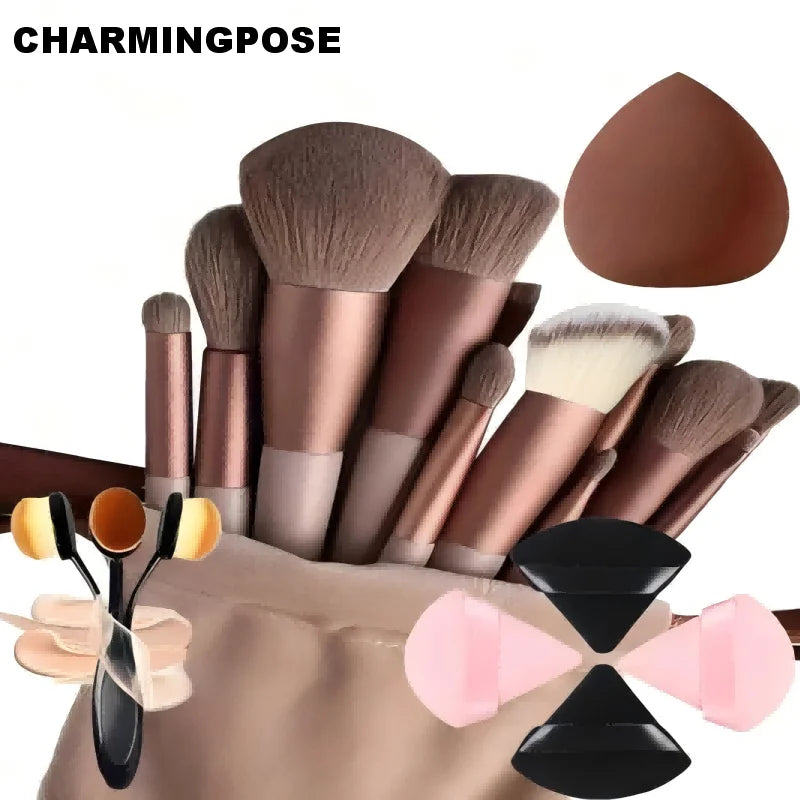 18-Piece Professional Makeup Kit - Complete Collection with 13 Brown Brushes, 4 Triangle Puffs, Teardrop Sponge & Unique Toothbr