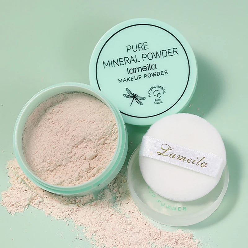 3 color facial loose powder waterproof oil control honey powder in a mint green container with applicator.