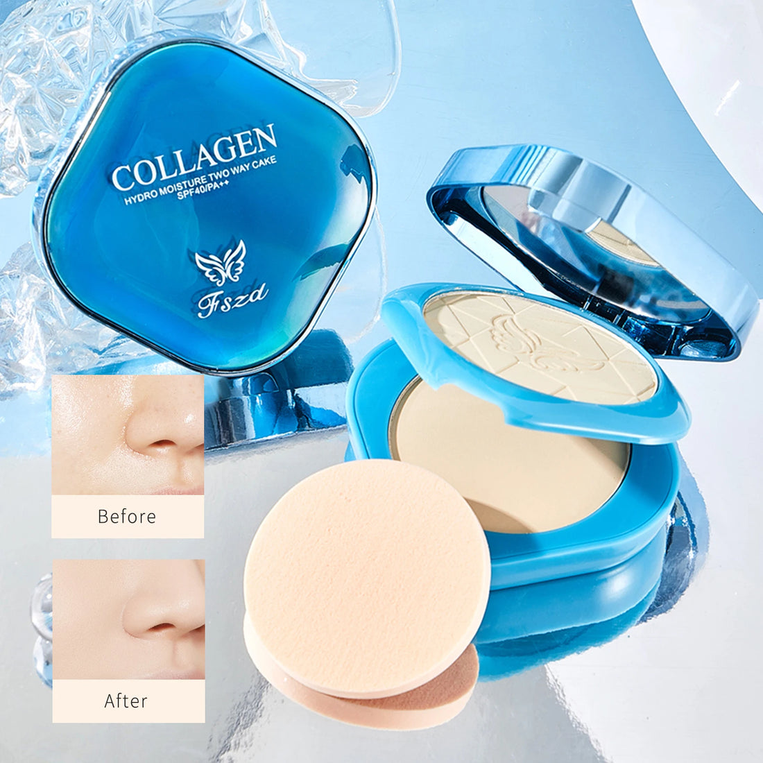 Natural Matte Finish Pressed Powder Long-Lasting Makeup in blue compact with before and after results