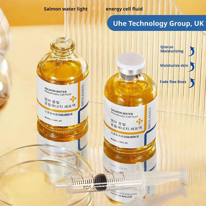 Skin Rejuvenation Essence Korean Salmon Serum bottles with serum dropper for moisturized skin and anti-aging benefits.