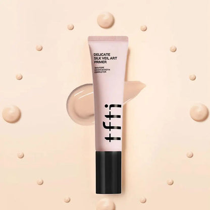 TFIT facial makeup kit featuring Delicate Silk Veil Art Primer tube on a soft background with cream swatch.