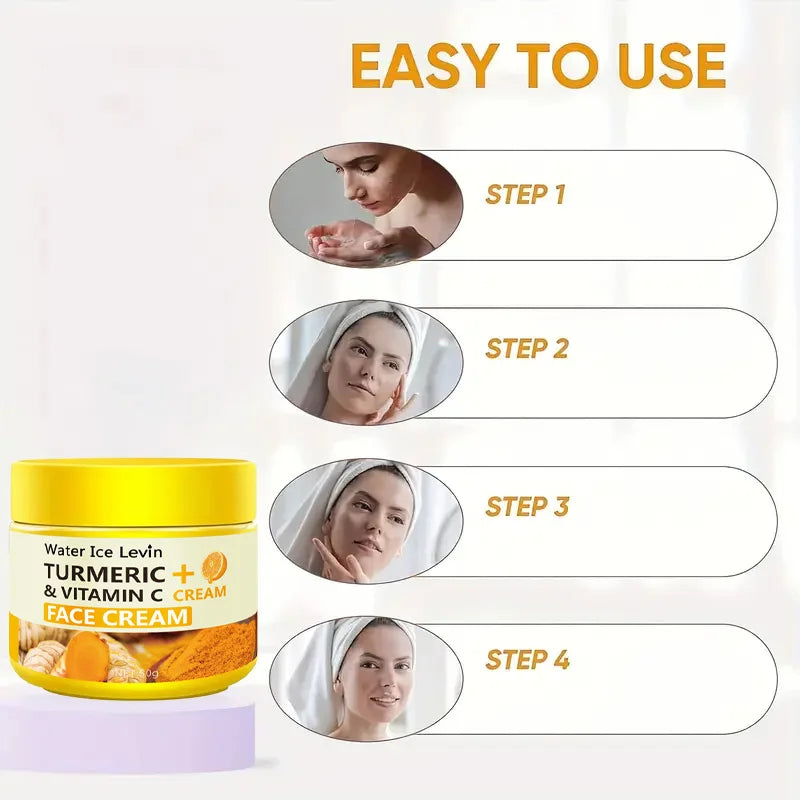 Easy to use Turmeric Vitamin C Anti Aging Cream Moisturizing with application steps outlined.
