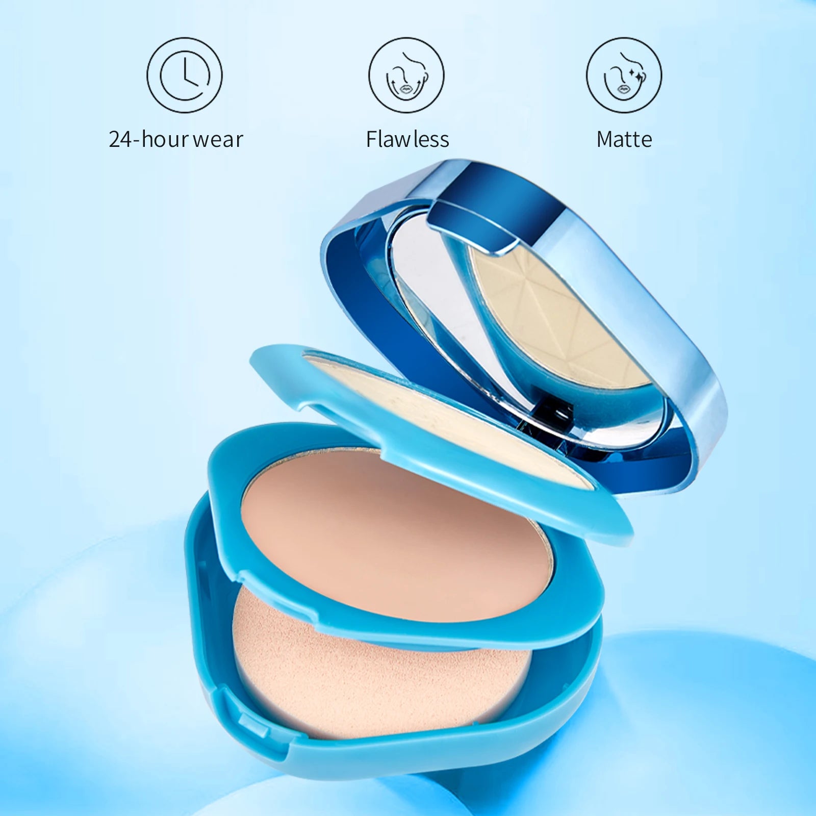 Natural Matte Finish Pressed Powder Long-Lasting Makeup in blue compact with soft applicator for flawless 24-hour wear.