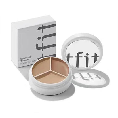 TFIT facial makeup kit featuring the Cover Up Pro Concealer with three shades in a compact container.