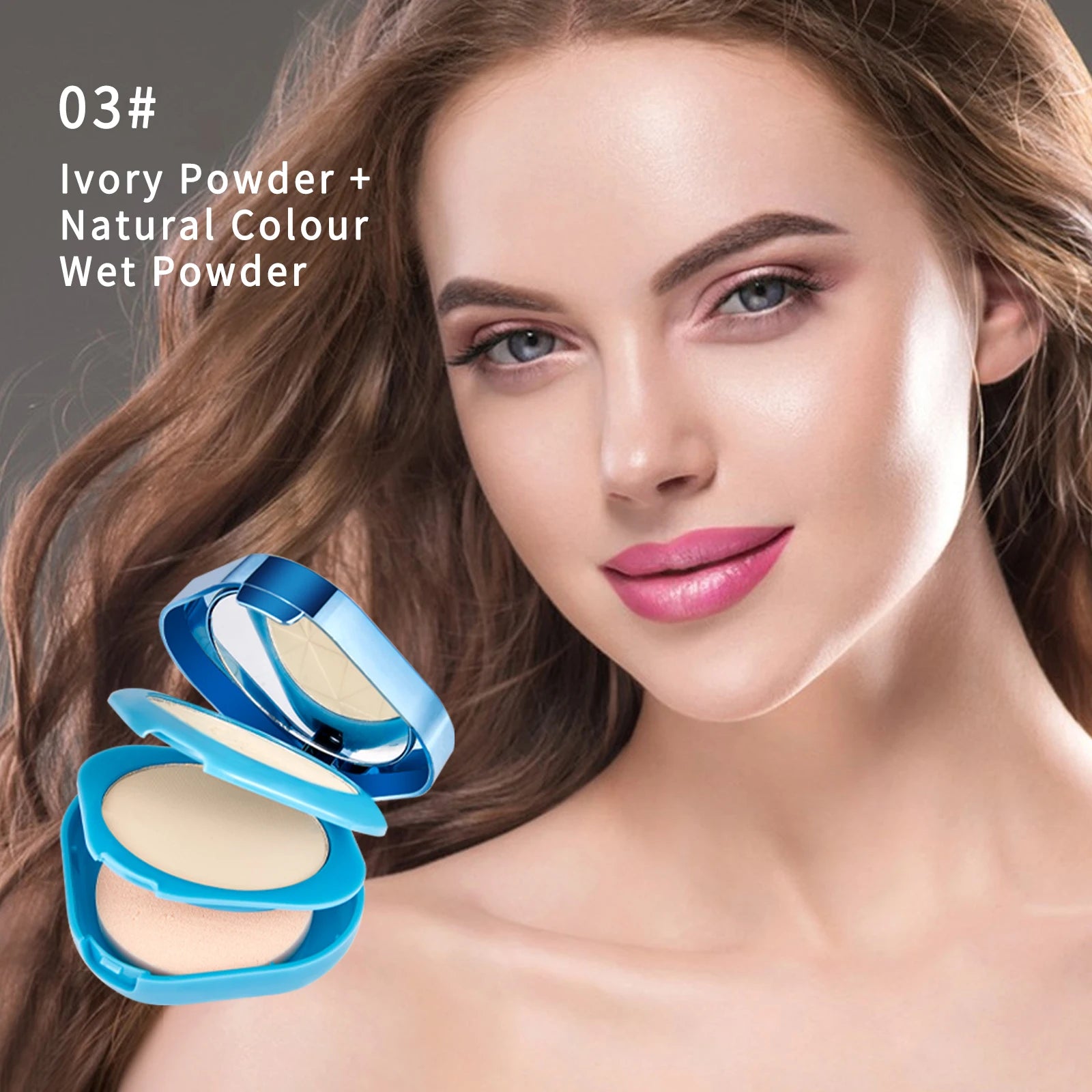 Natural Matte Finish Pressed Powder Long-Lasting Makeup with ivory powder and model showcasing radiant skin.
