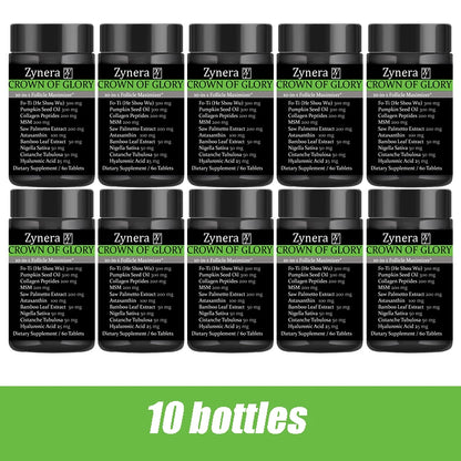 Zynera Crown of Glory dietary supplement featuring 10 bottles for healthy skin and immune support.