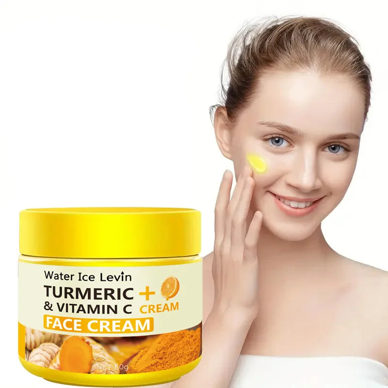 Turmeric Vitamin C Anti Aging Cream Moisturizing model applying cream to her face next to product container.