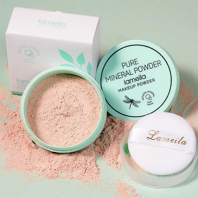 3 color facial loose powder waterproof oil control honey powder in a mint green container with applicator and packaging.