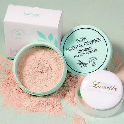 3 color facial loose powder waterproof oil control honey powder in a mint green container with applicator and packaging.