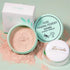 3 color facial loose powder waterproof oil control honey powder in a mint green container with applicator and packaging.
