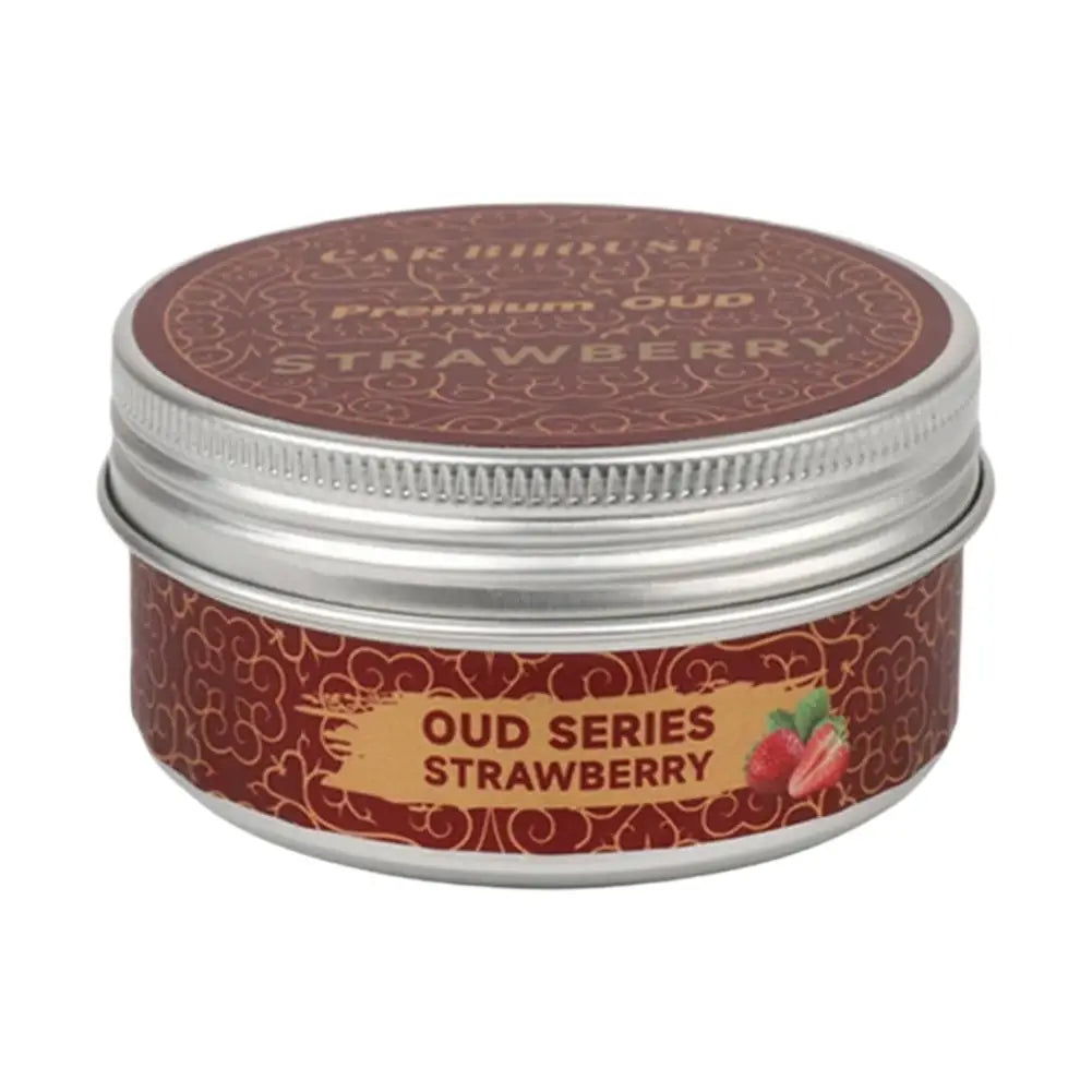 High-end car air freshener in a tin labeled Oud Series Strawberry with intricate design.