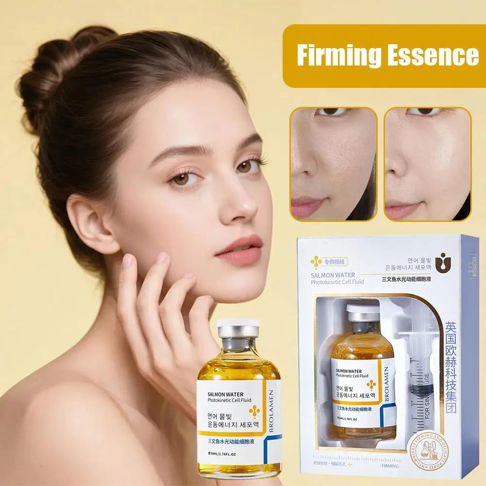 Skin Rejuvenation Essence Korean Salmon Serum in a bottle with a model showcasing glowing skin and firming essence effects.