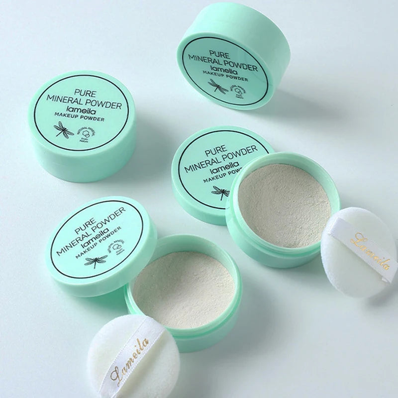 3 color facial loose powder waterproof oil control honey powder in mint green containers with applicator.