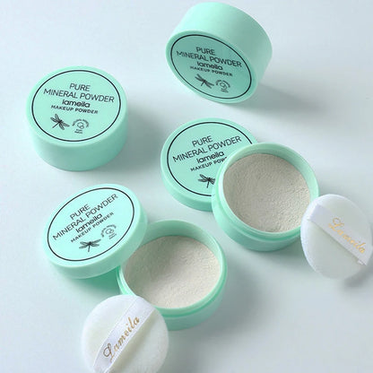 3 color facial loose powder waterproof oil control honey powder in mint green containers with applicator.