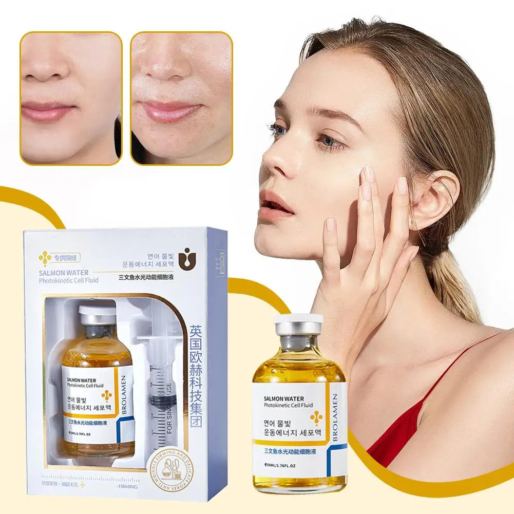 Skin Rejuvenation Essence Korean Salmon Serum with model applying serum and before-after results.